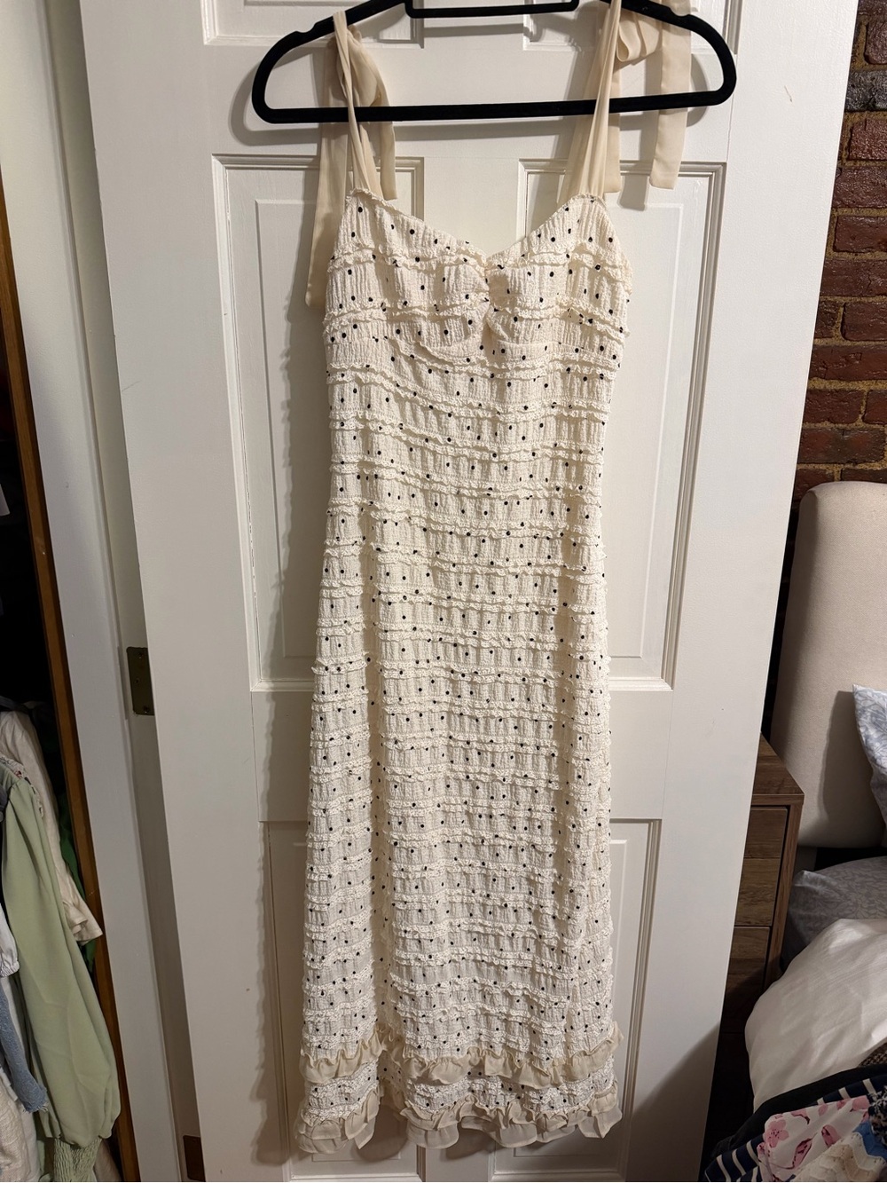 Cream Tie-Shoulder Eyelet Maxi Dress - polka dots